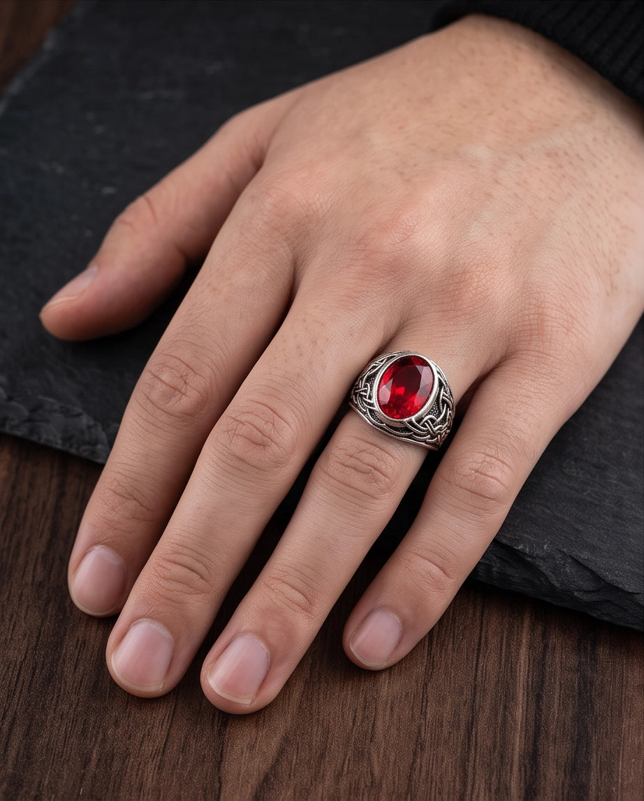 Ruby Gemstone Celtic Knotwork Silver Ring