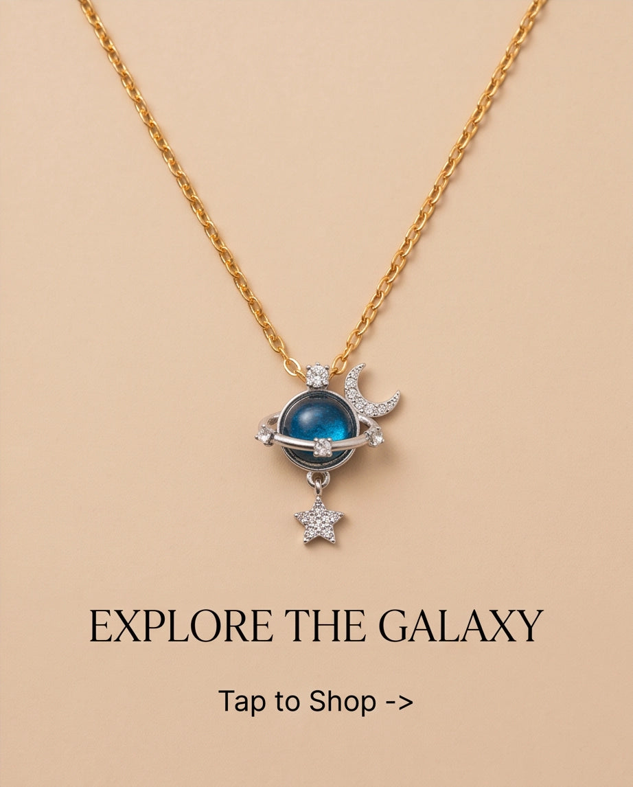 Silver Cosmic Planet Crescent Moon & Star Dangle Pendant Necklace