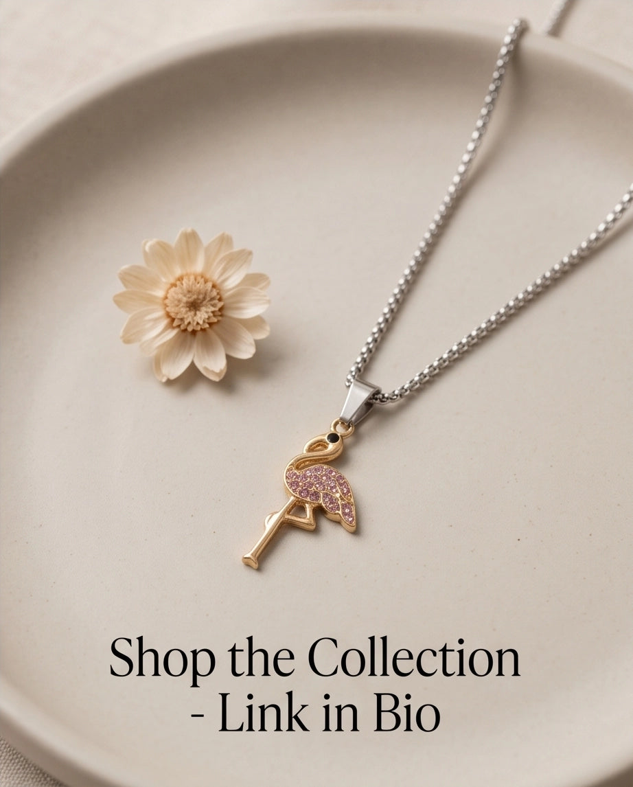Gold Pink Crystal Paved Flamingo Pendant Necklace