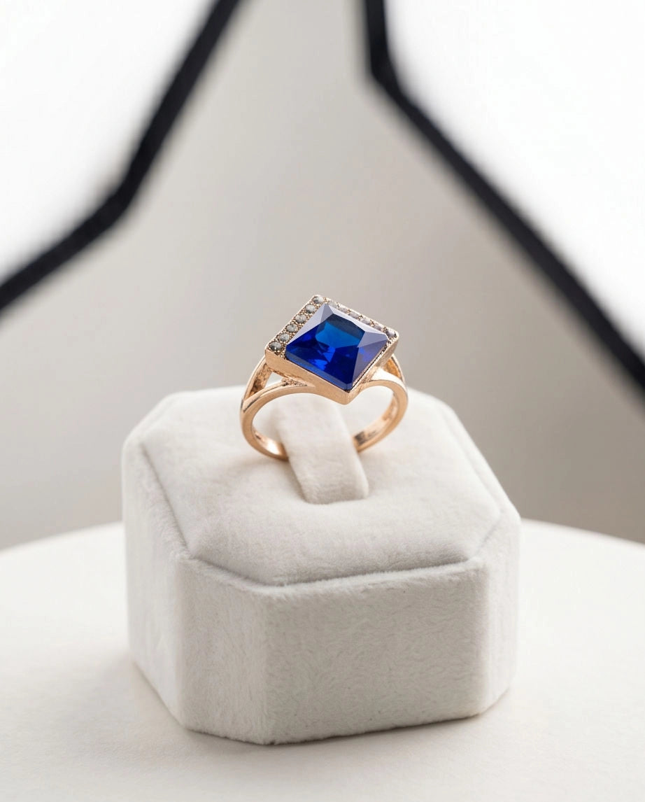 Gold Sapphire Princess-Cut Halo Ring