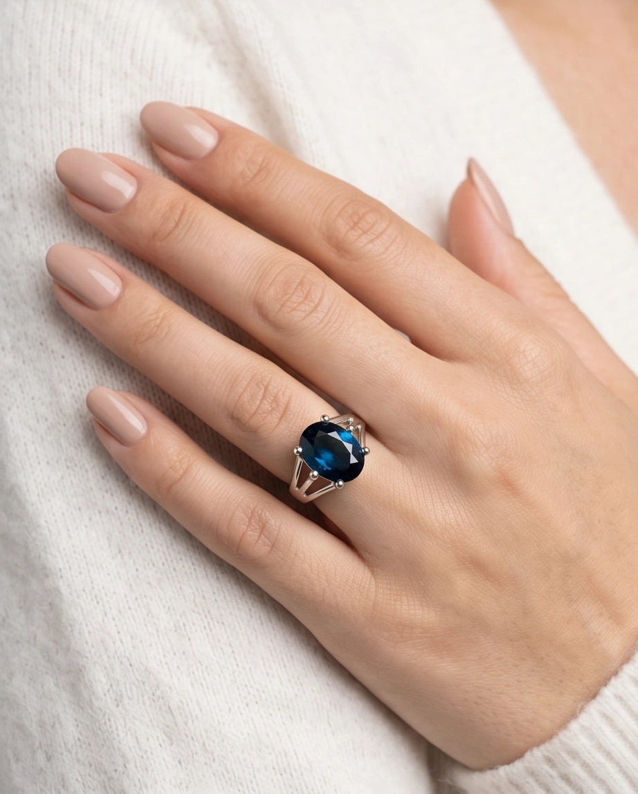 Silver Oval Sapphire Gemstone Solitaire Ring