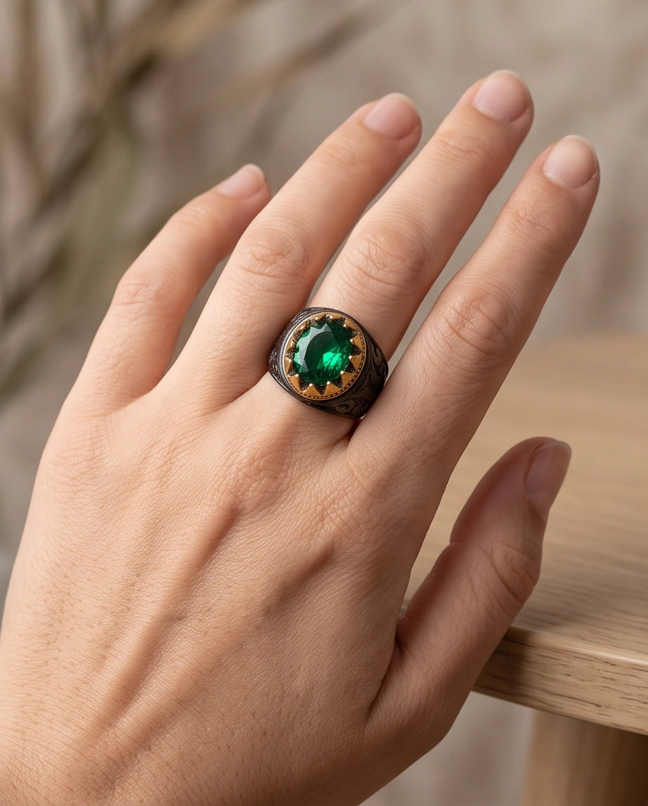 Imperial Emerald Crowned Filigree Signet Ring