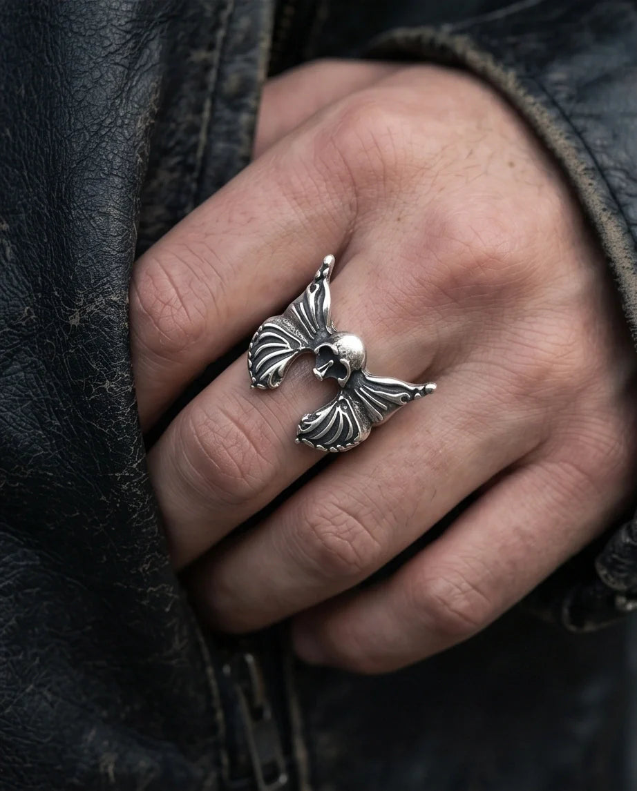 Gothic Sterling Silver Skull Butterfly Ring