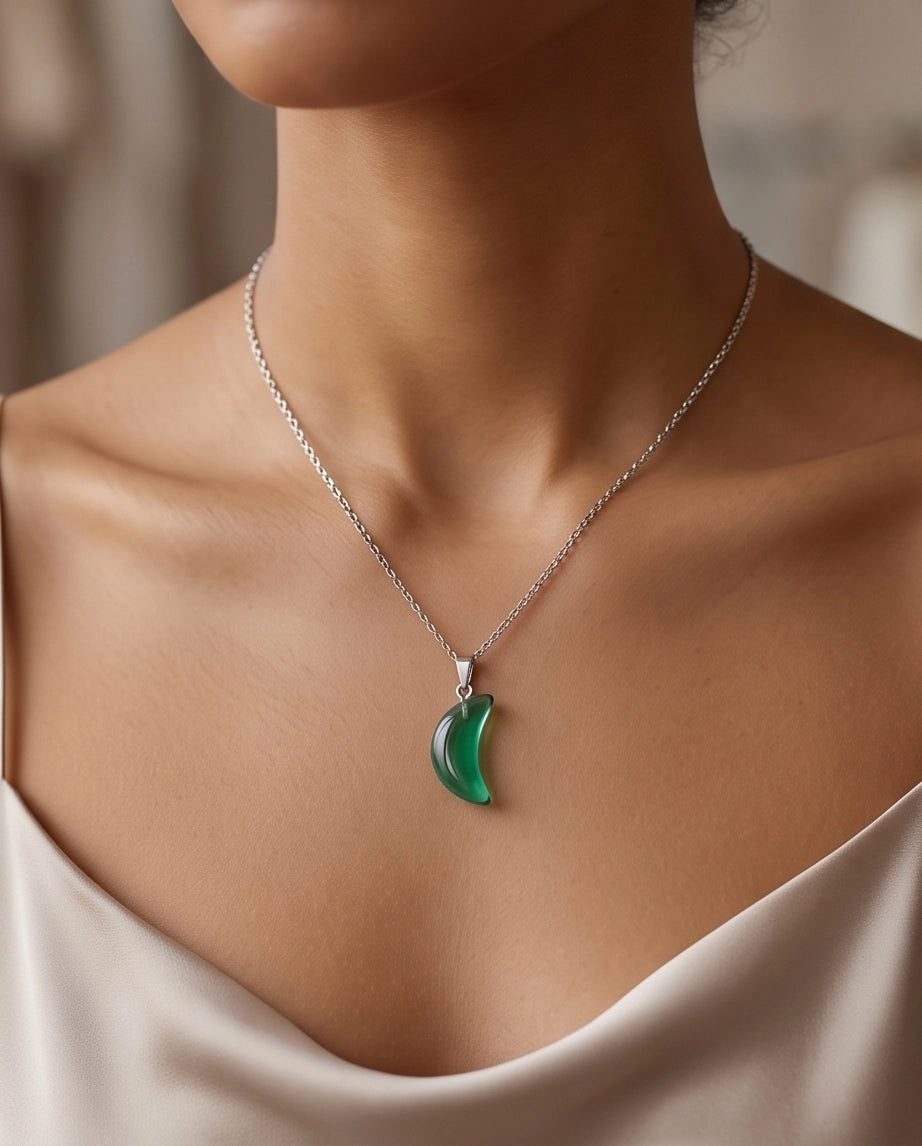 Silver Emerald Green Crescent Moon Pendant Necklace