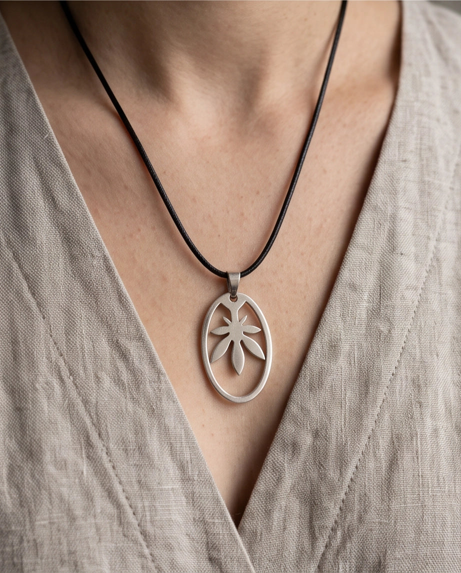 Brushed Silver Leaf Oval Cord Necklace