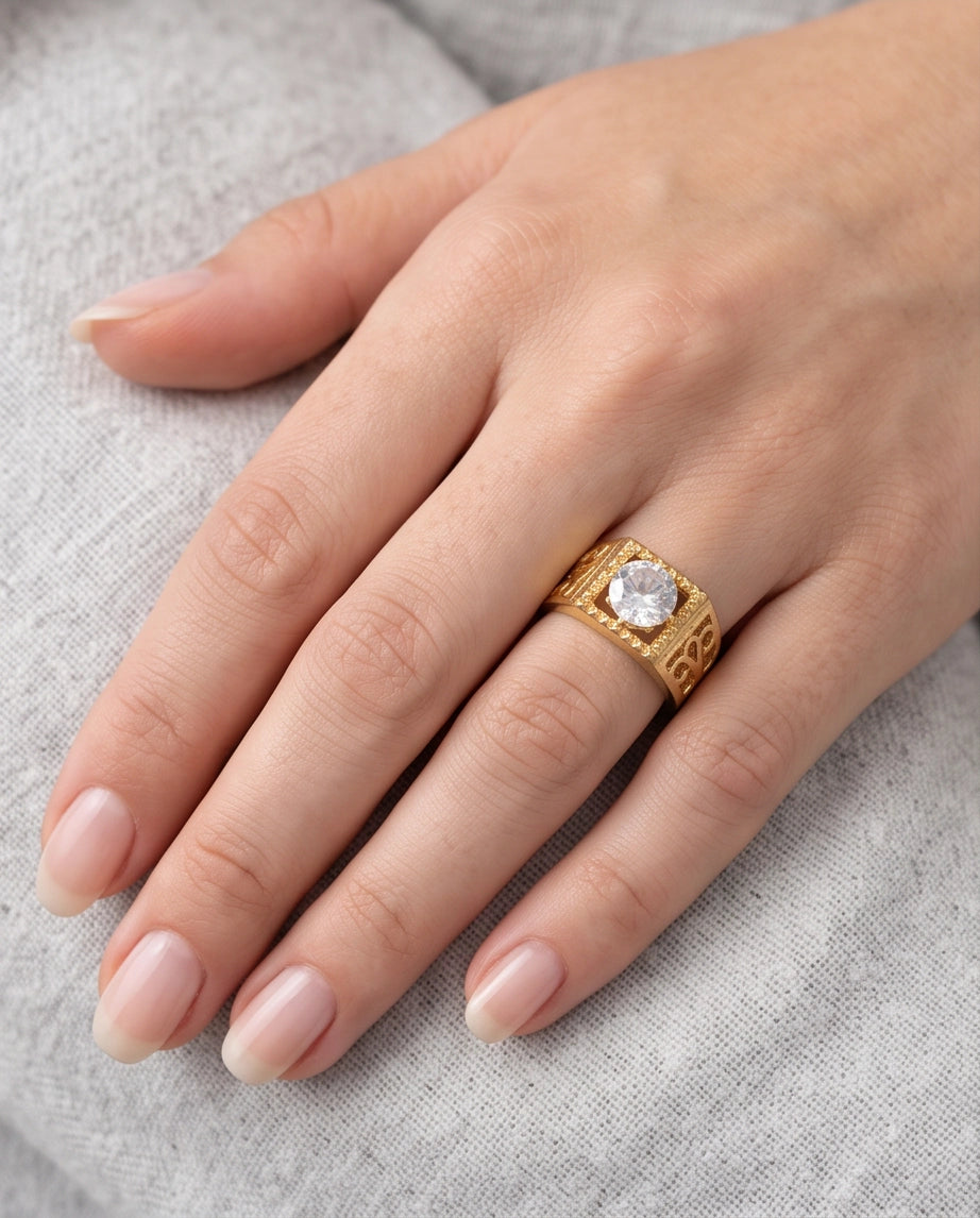 Brilliant Round Cut Sawtooth Filigree Scroll Gold Ring