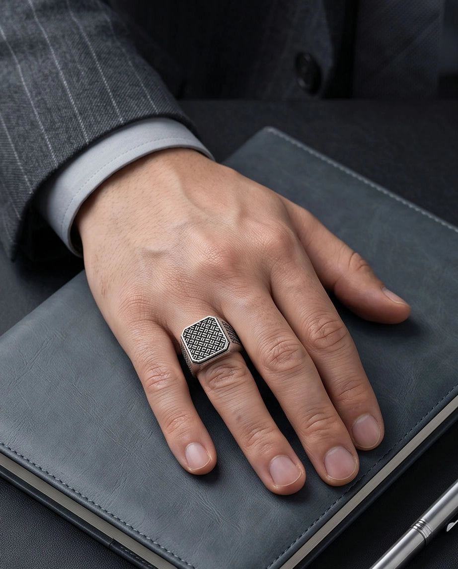 Oxidized Silver Basketweave Square Signet Ring