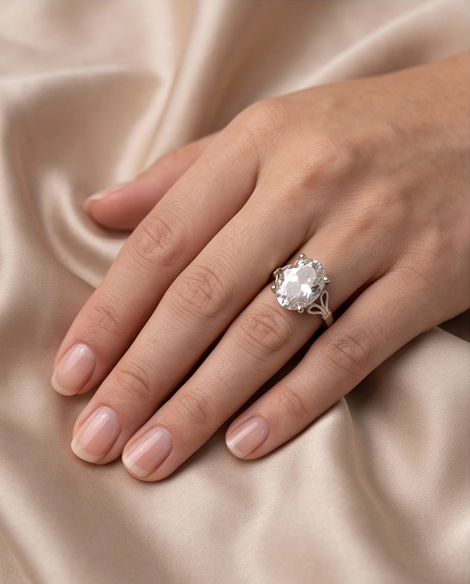 Silver Oval Clear Quartz Vintage Solitaire Ring