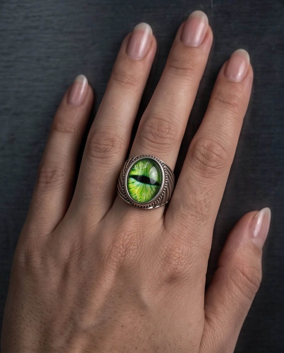 Emerald Serpent Eye Beaded Silver Ring