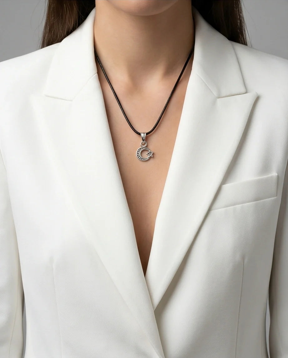 Silver Celestial Crescent Moon and Star Necklace