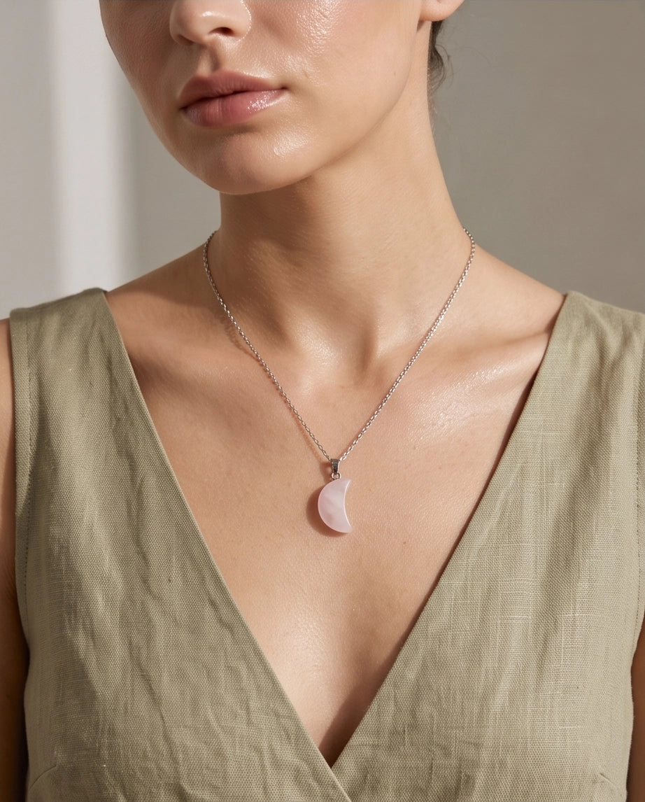 Silver Rose Quartz Pink Crescent Moon Pendant Necklace