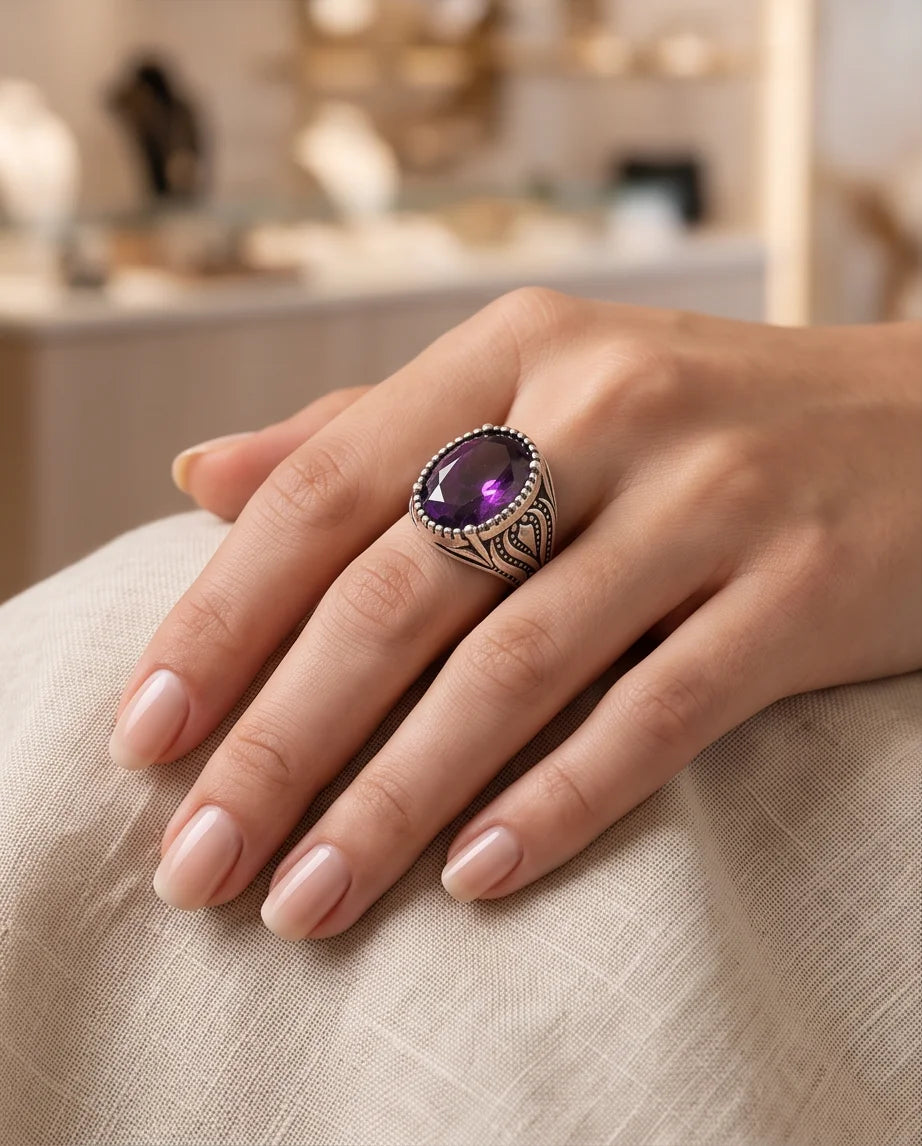 Violet Gemstone Beaded Frame Filigree Silver Ring