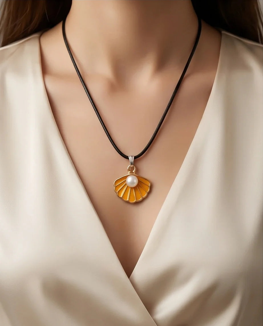 Golden Yellow Seashell Enamel Pendant Necklace with Faux Pearl