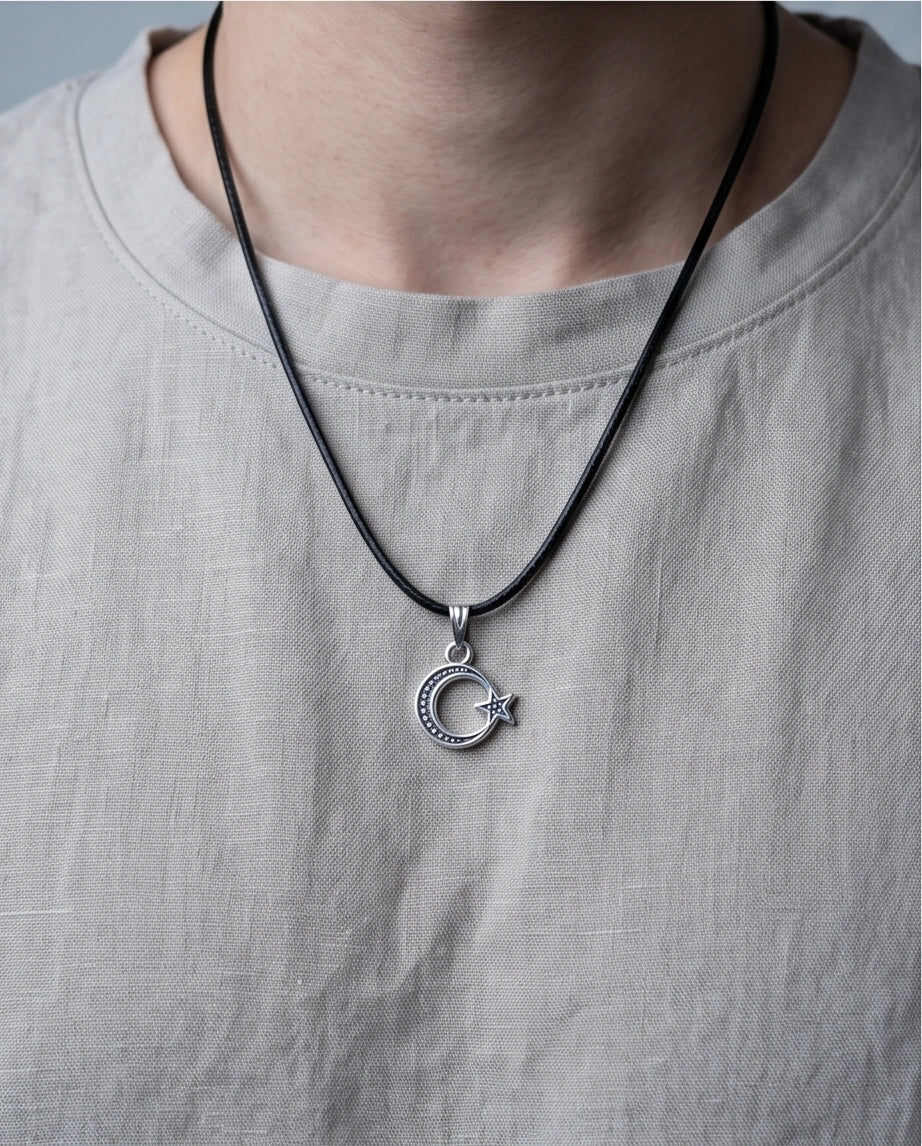 The Celestial Path: Matte Silver Crescent Moon & Star Pendant Necklace
