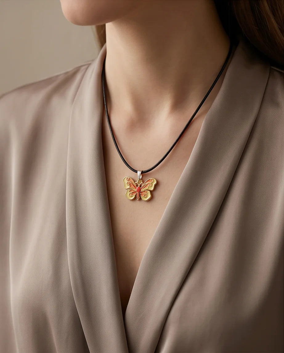 Orange & Yellow Enamel Butterfly Pendant Necklace