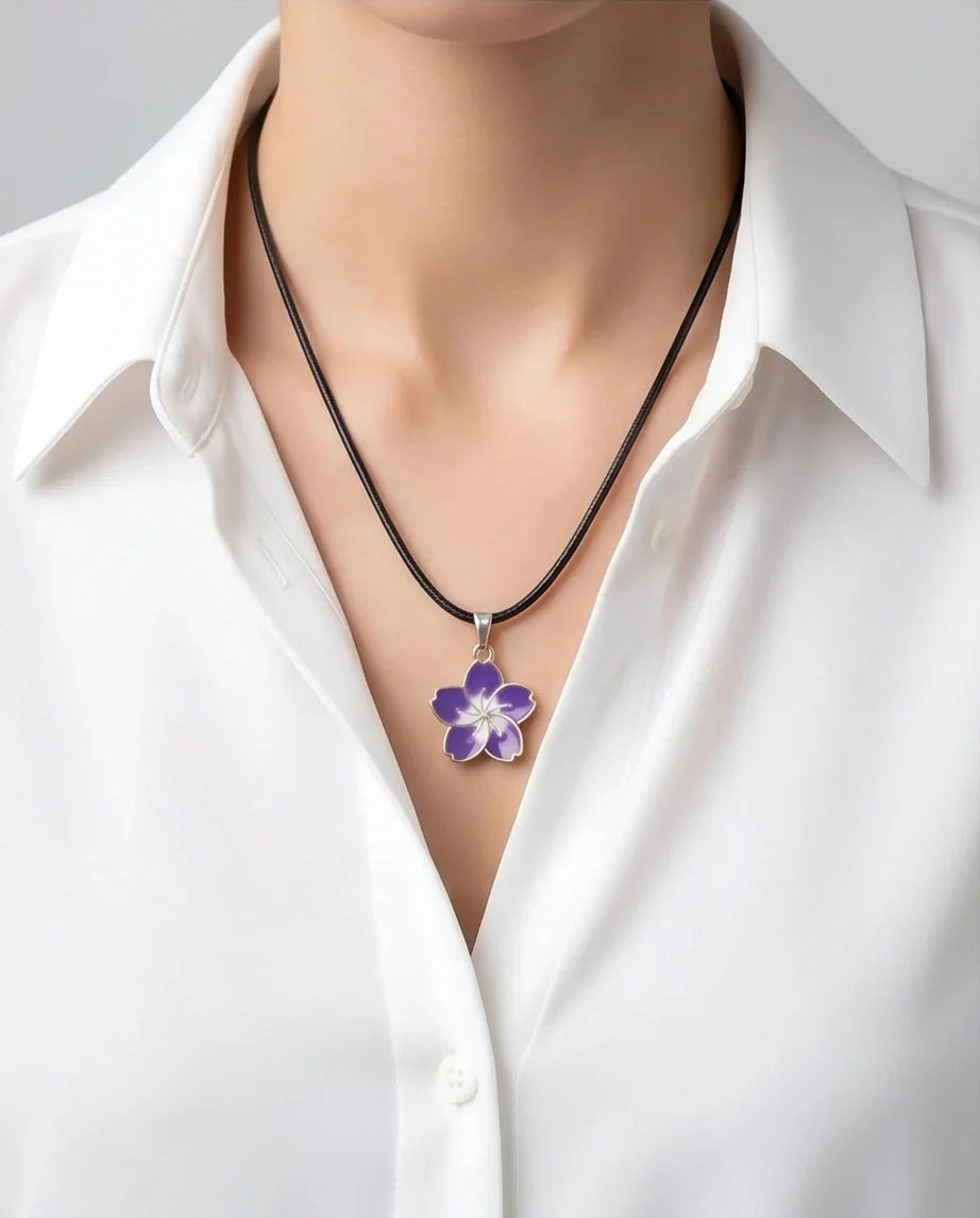 Elegant Purple and White Floral Enamel Pendant Necklace