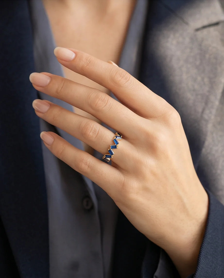 Gold Plated Blue Sapphire Baguette Zigzag Ring
