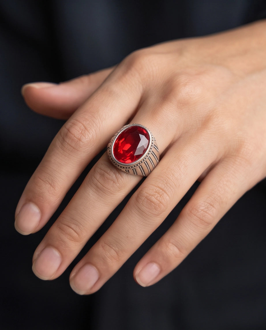 Ruby Gemstone Beaded Surround Vertical Ribbed Silver Ring