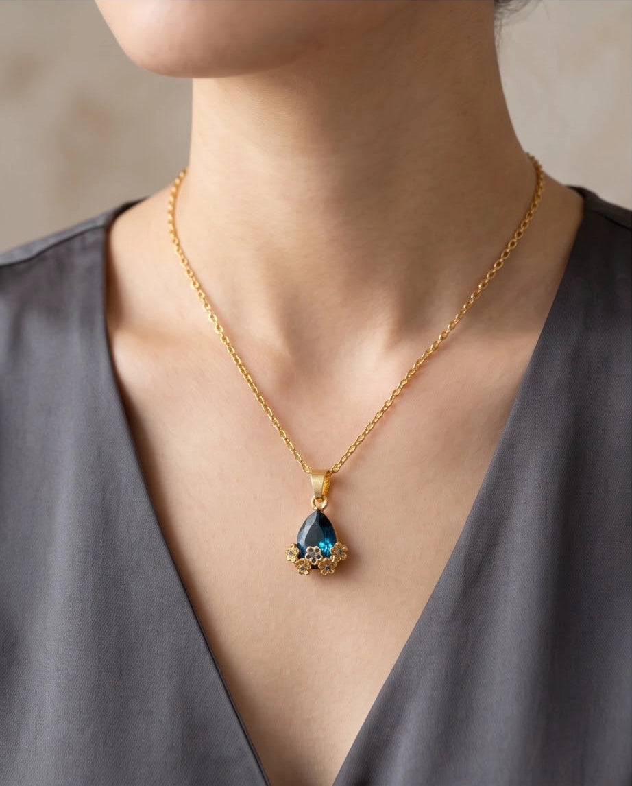 Gold Sapphire Teardrop Floral Basket Pendant Necklace