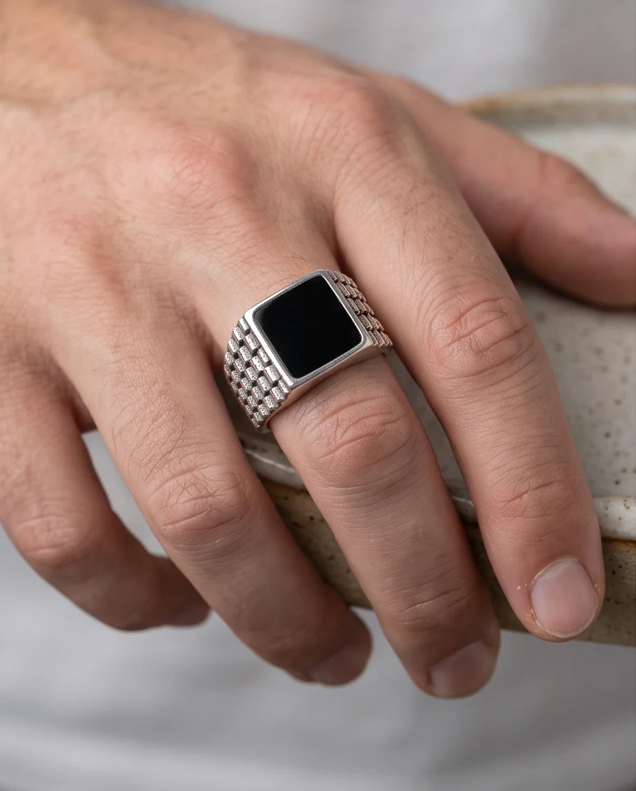 Onyx-Style Square Inlay Brick-Link Band Silver Ring