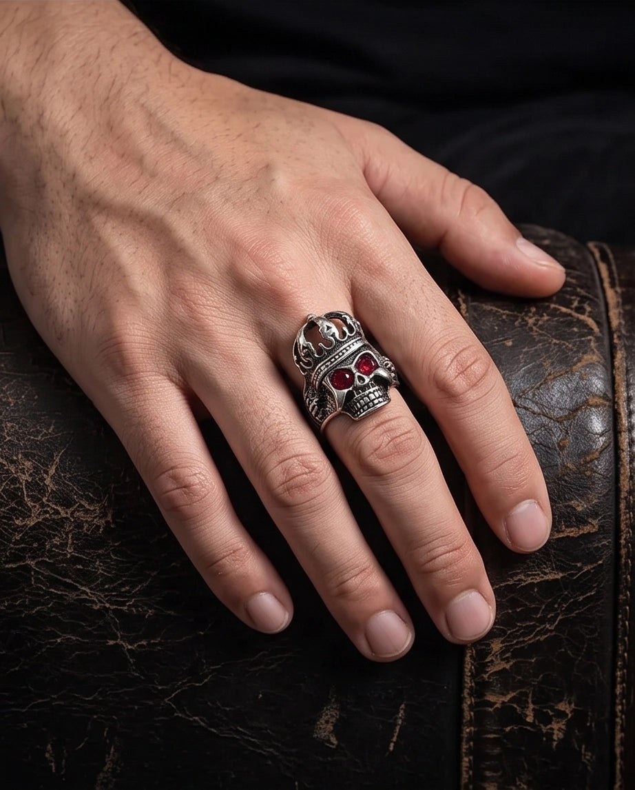 Ruby-Eyed Crowned Skull Ring