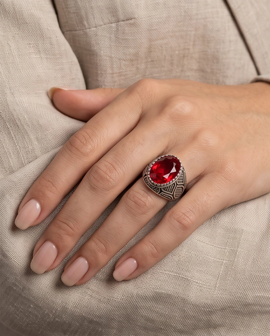 Ruby Gemstone Beaded Bezel Scale-Lattice Silver Ring