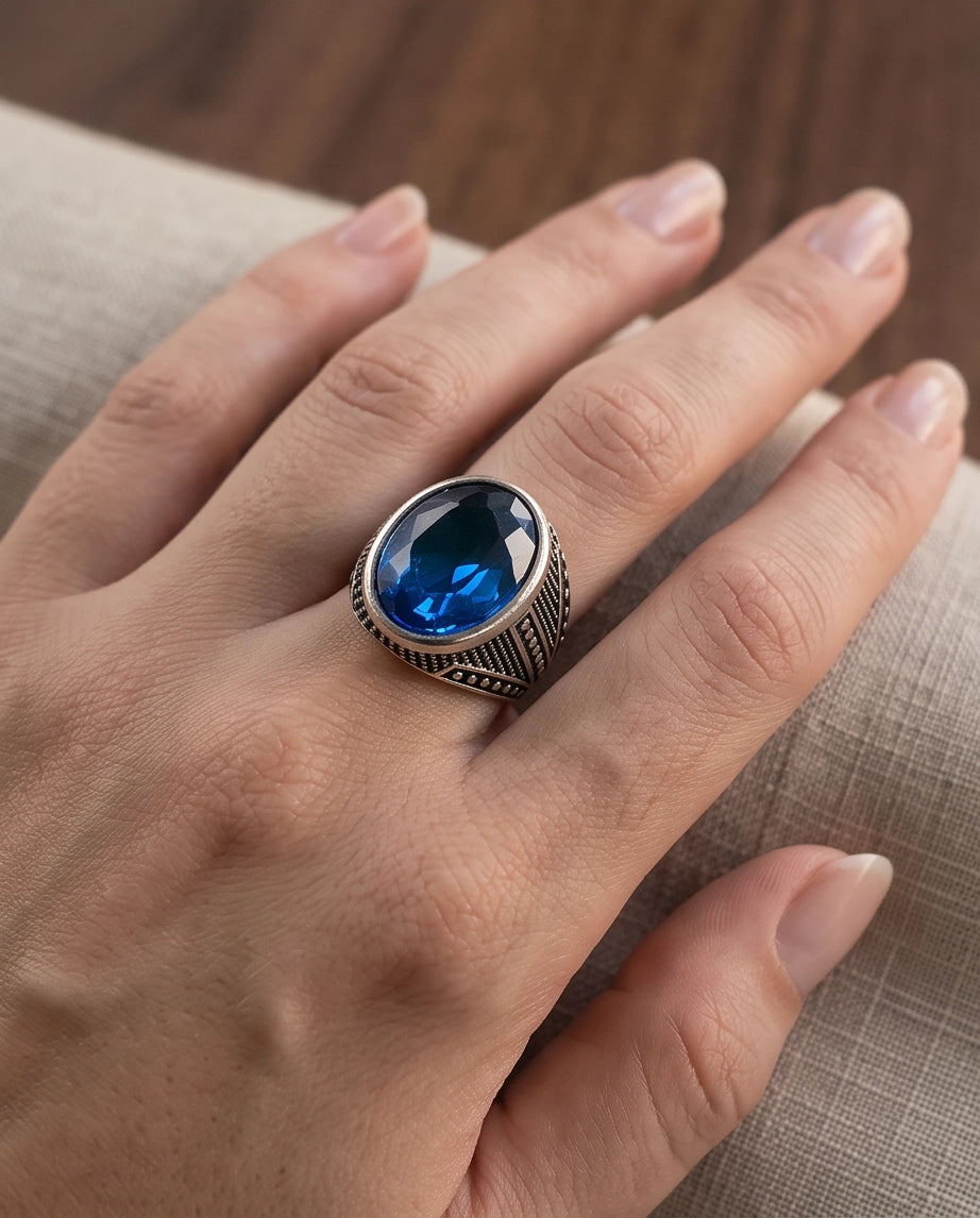 Sapphire Gemstone Beaded Smooth Bezel Chevron Stippled Silver Ring