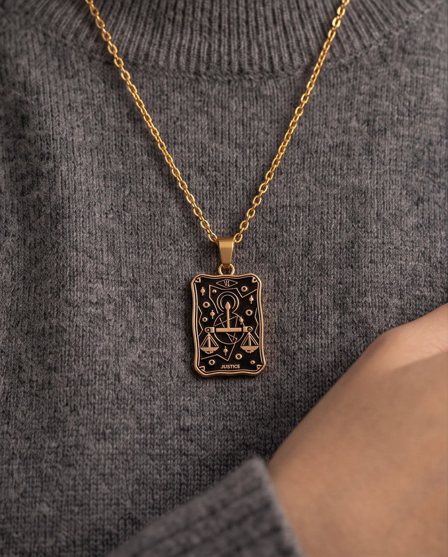 Gold "Justice" Tarot Card Pendant Necklace