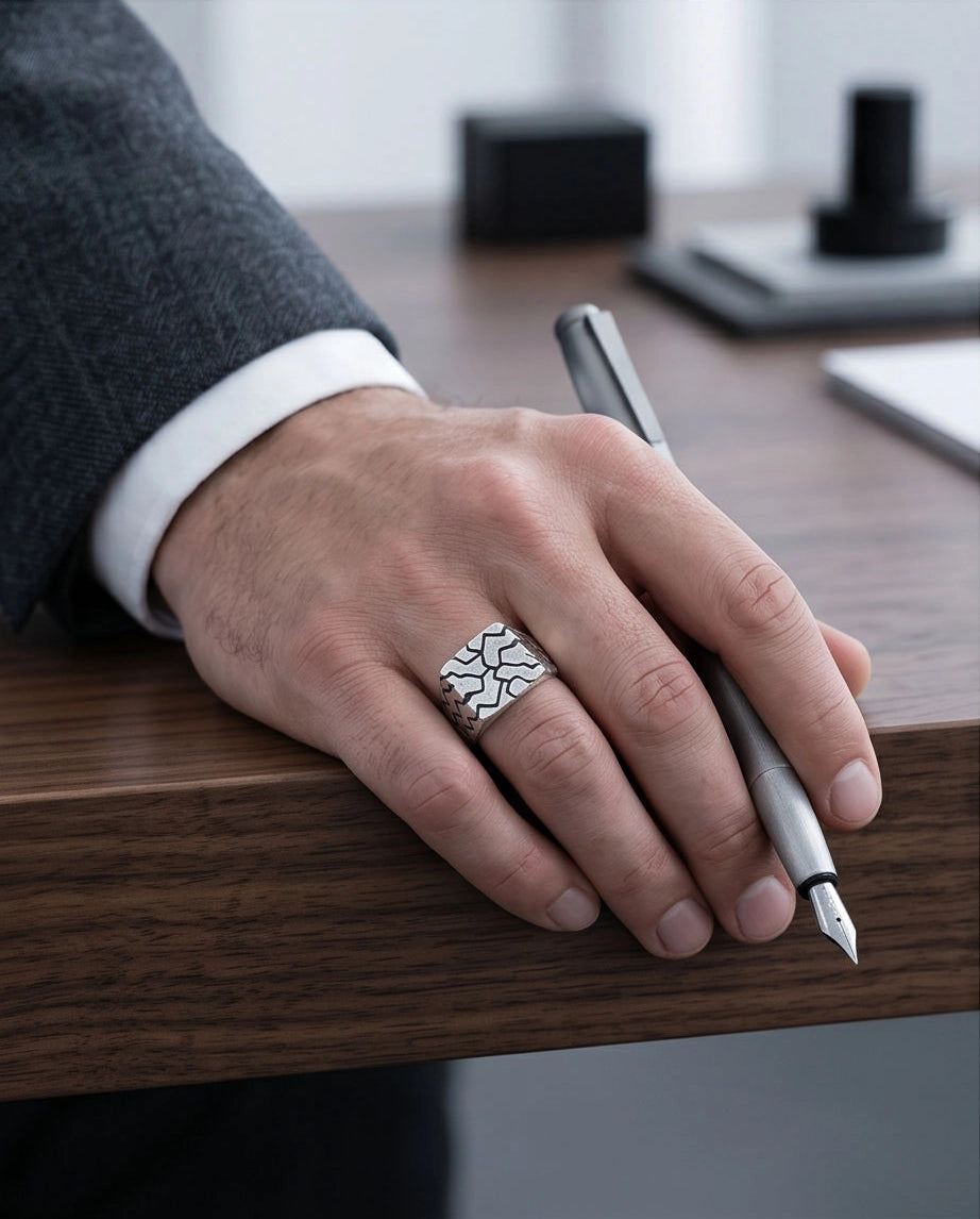 Matte Silver Geometric Mosaic Signet Ring