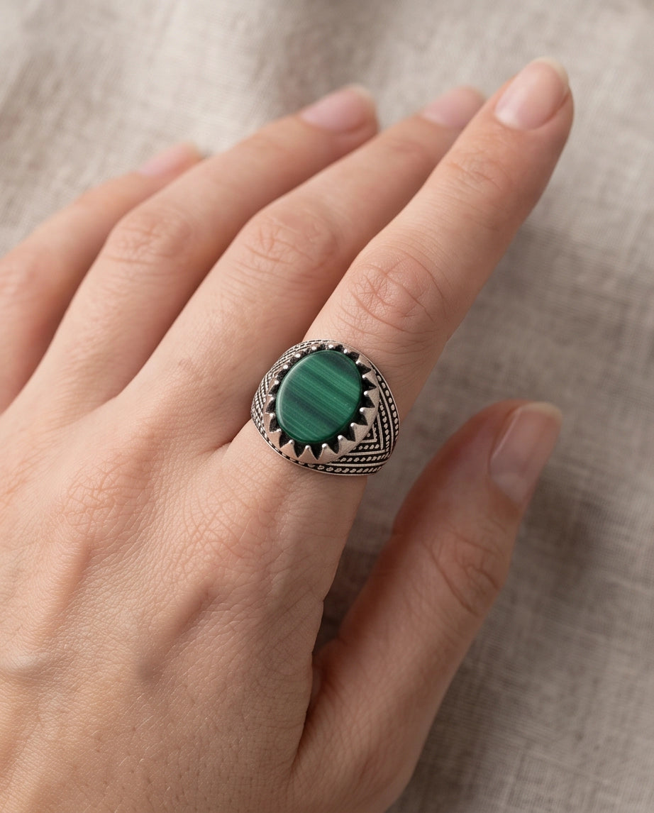 Malachite-Style Oval Cabochon Crown Bezel Chevron Stippled Silver Ring