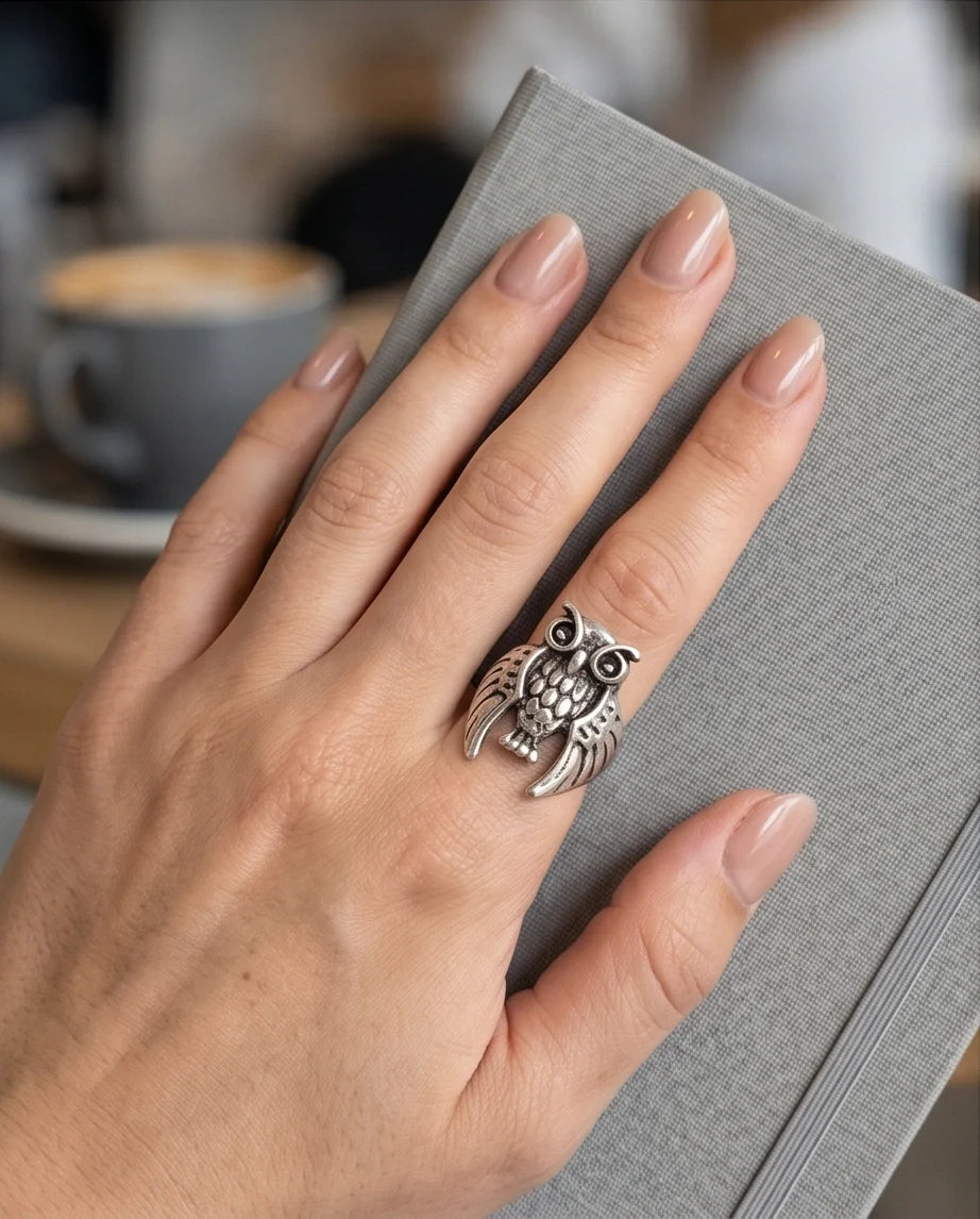 Vintage Silver Oxidized Owl Wisdom Statement Ring