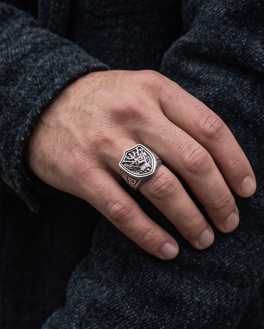 Draconic Shield Crest Silver Signet Ring