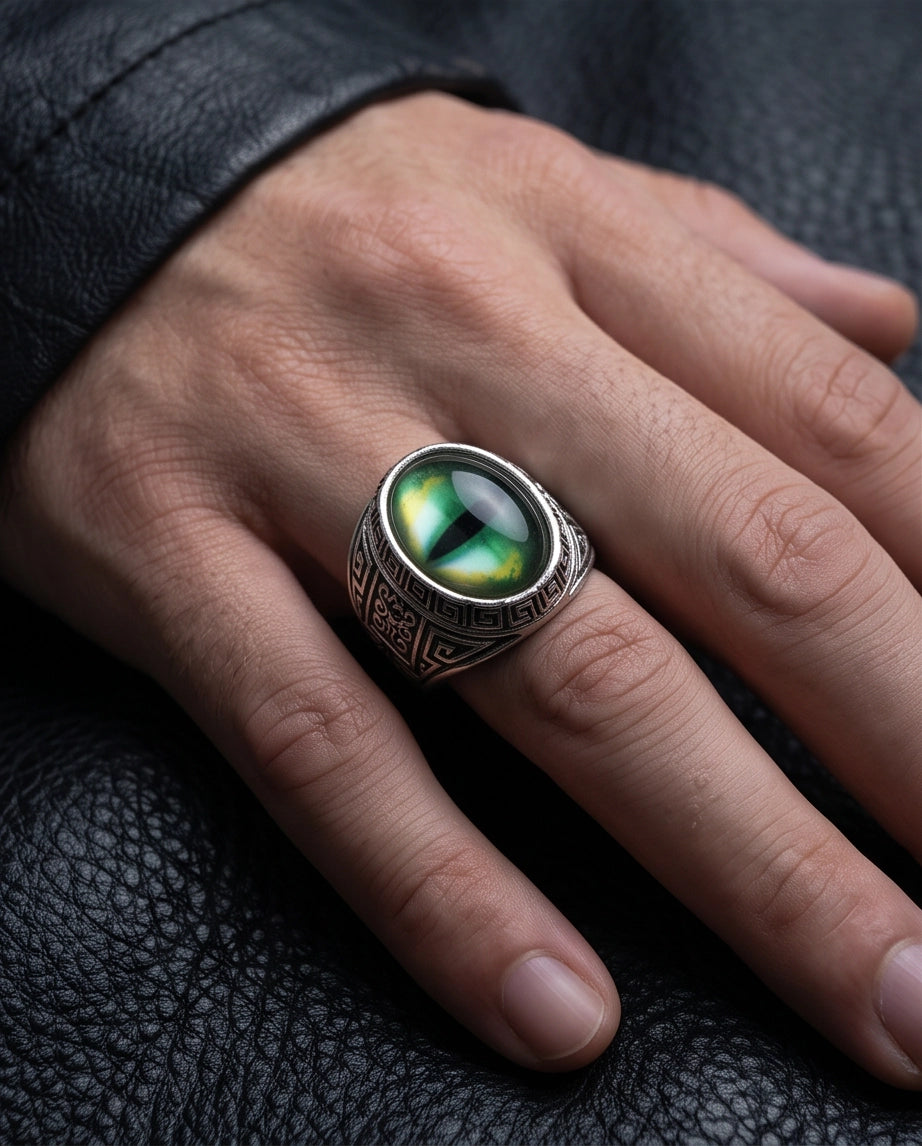 Emerald Green Slit-Pupil Dragon-Eye Greek Key Silver Ring