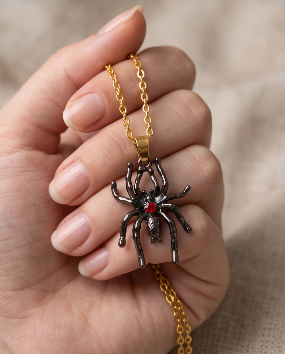 Black Spider Red Round Crystal Gem Pendant Necklace