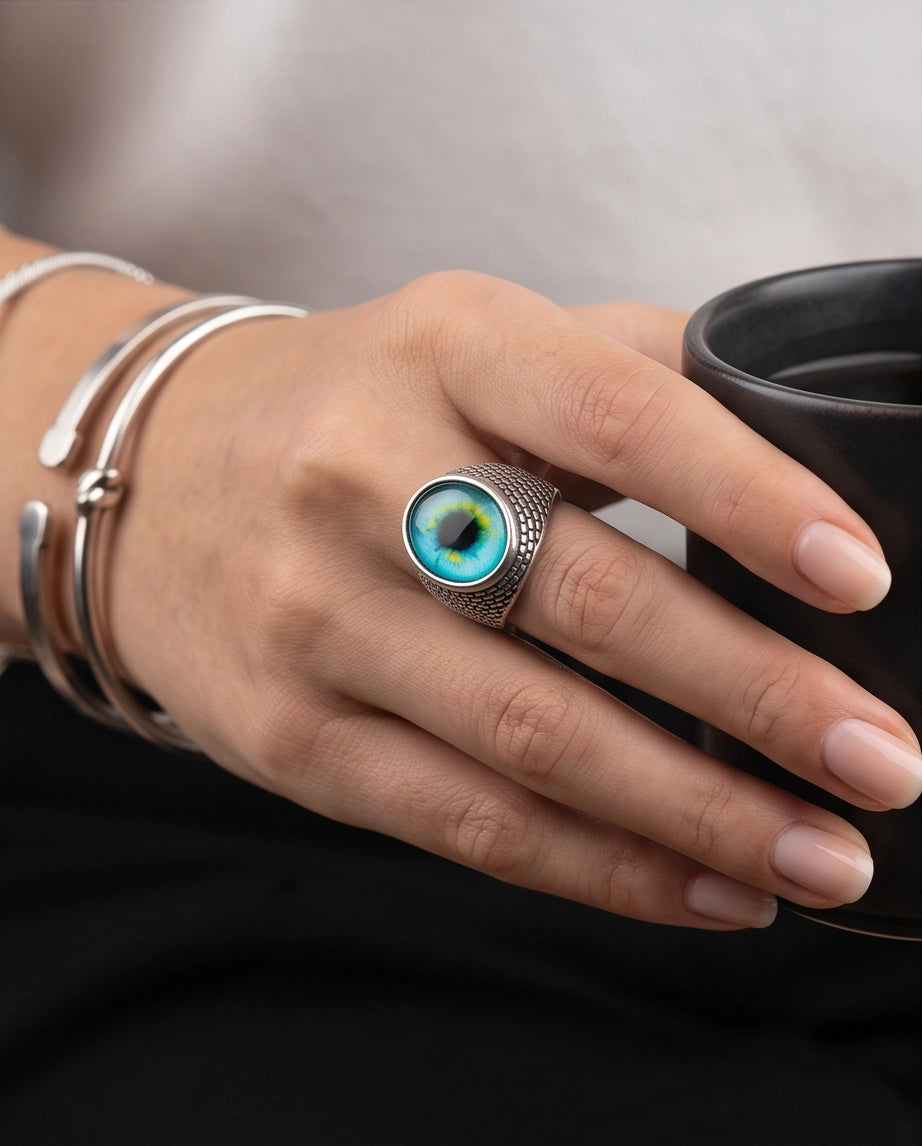 Cyan Ocular Mesh Silver Ring