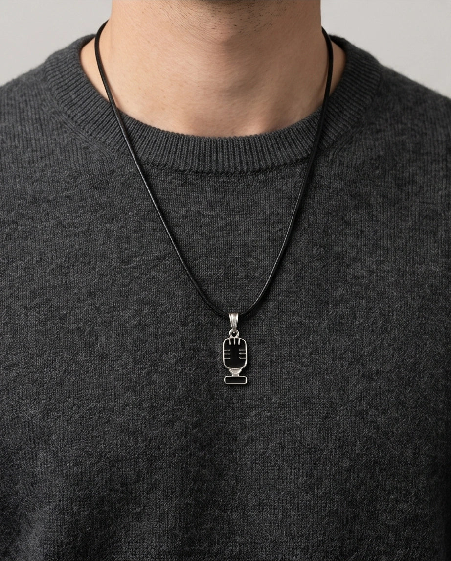 Silver Retro Black Microphone Necklace