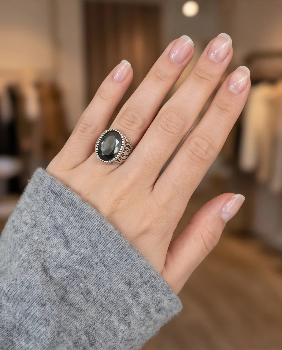 Obsidian Gemstone Beaded Frame Flame Silver Ring