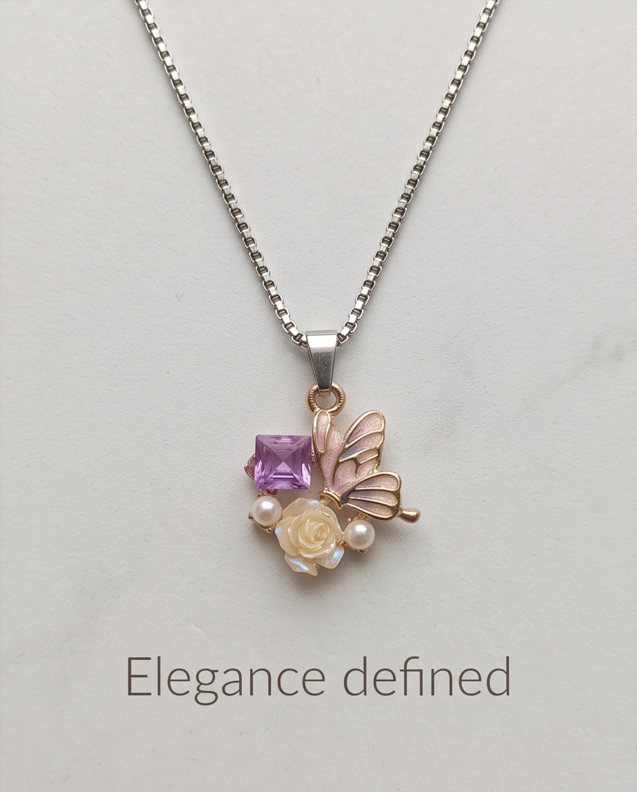 Gold Purple Enamel Butterfly & Pearl Rose Cluster Pendant Necklace