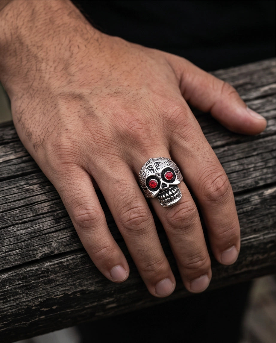 Ruby-Eyed Filigree Skull Band Silver Ring
