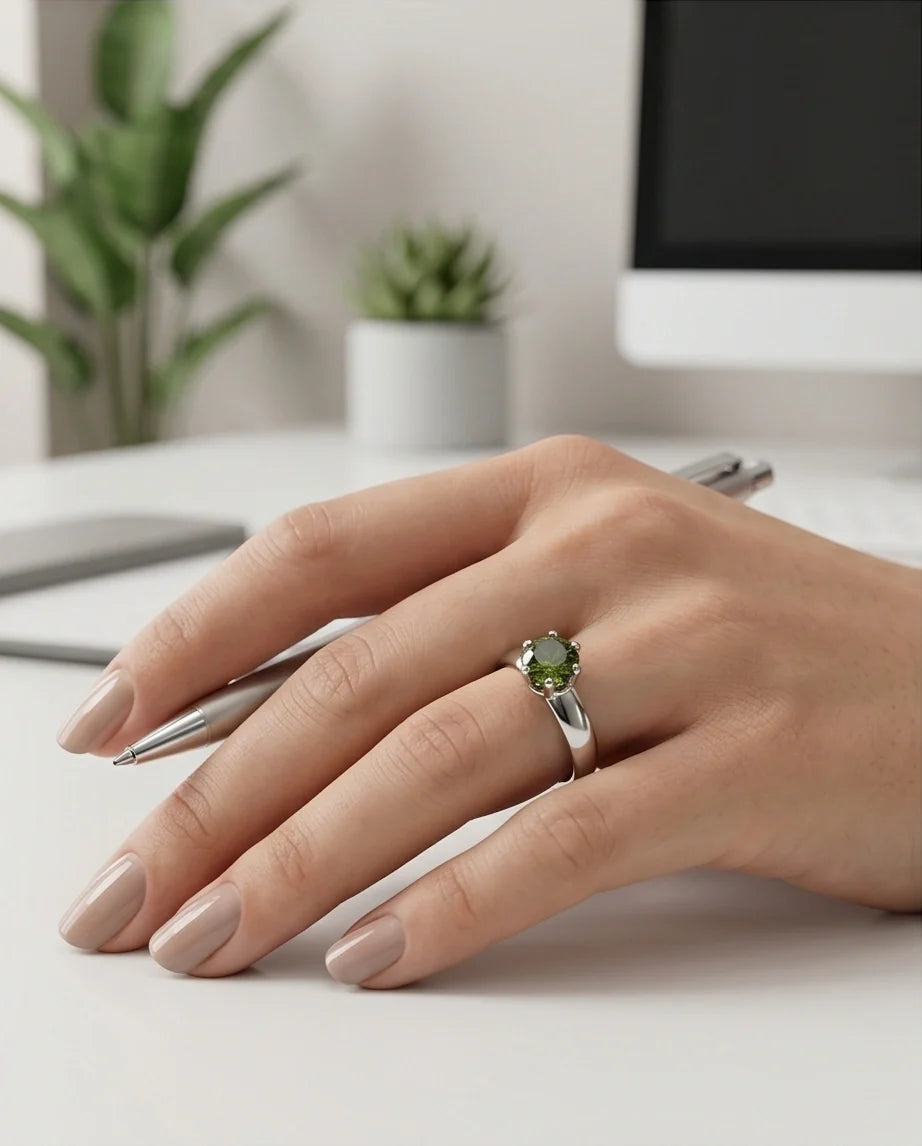 Sterling Silver Round-Cut Olive Green Solitaire Ring