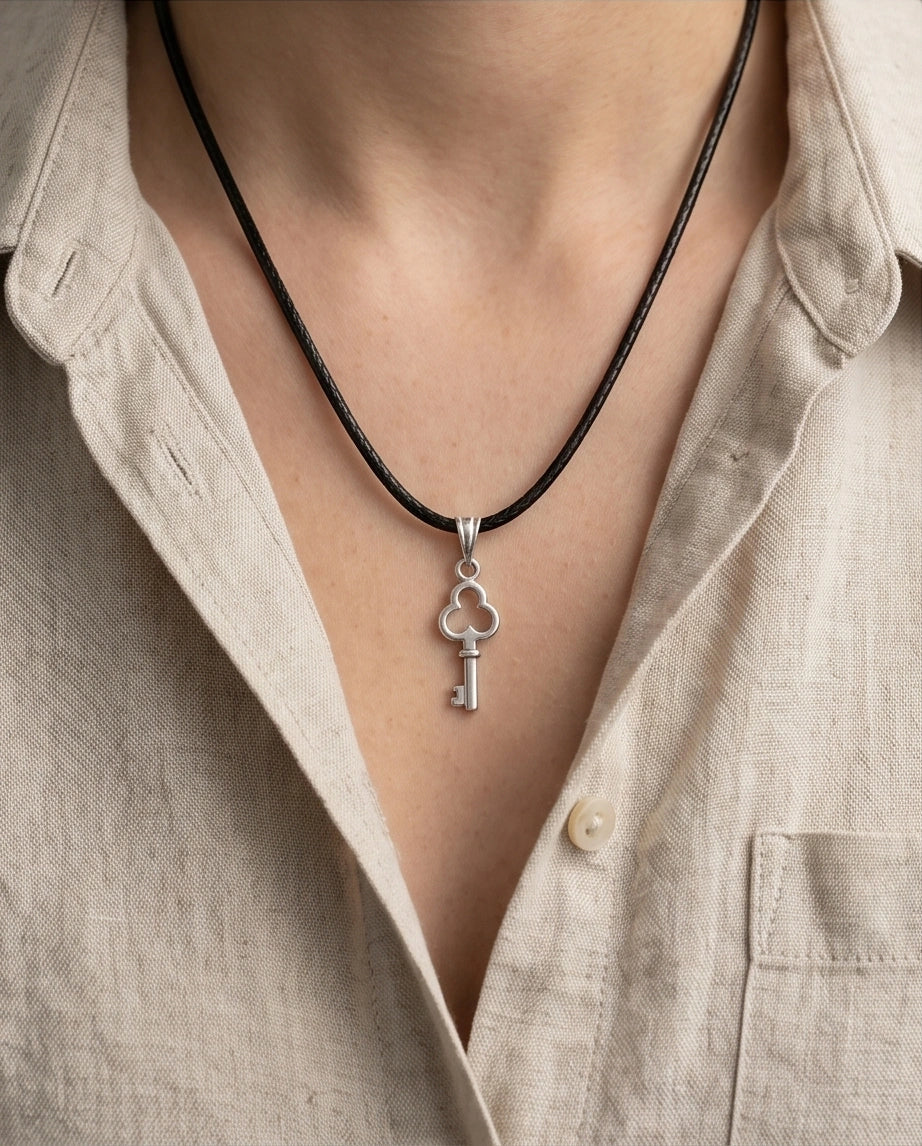 The Secret Keeper: Minimalist Silver Clover Key Pendant Necklace