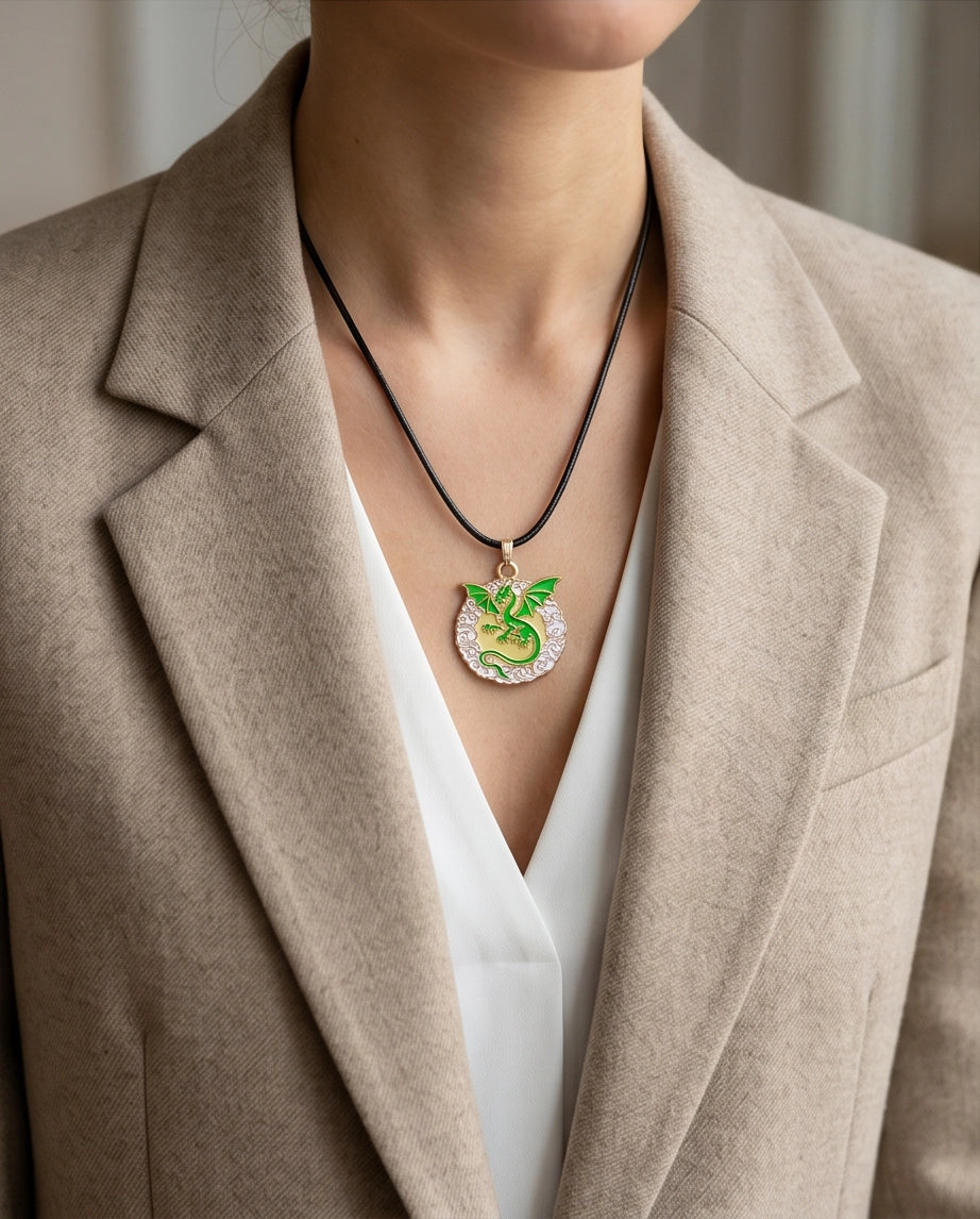 Green Dragon Medallion Cord Necklace