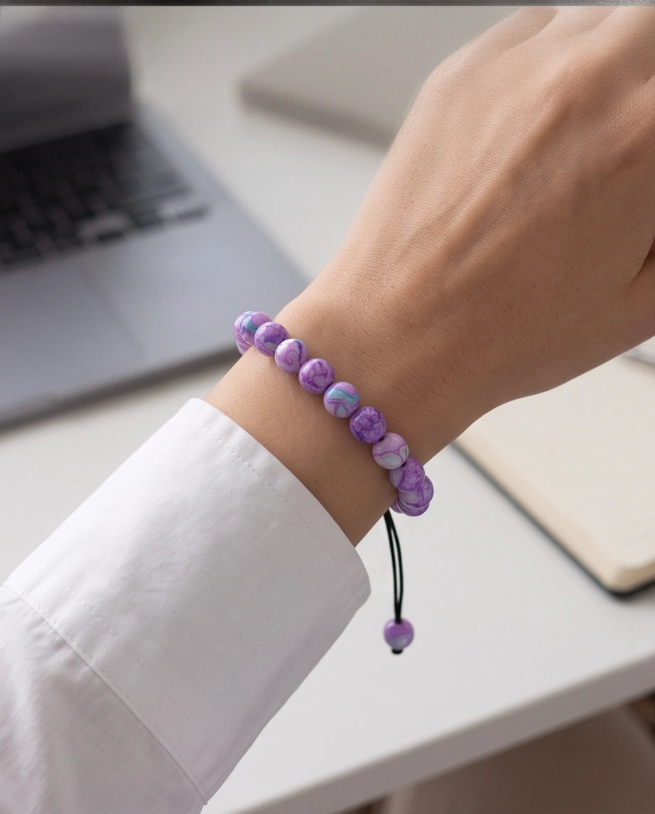 Purple & Teal Marbled Swirl Beaded Adjustable Macrame Bracelet