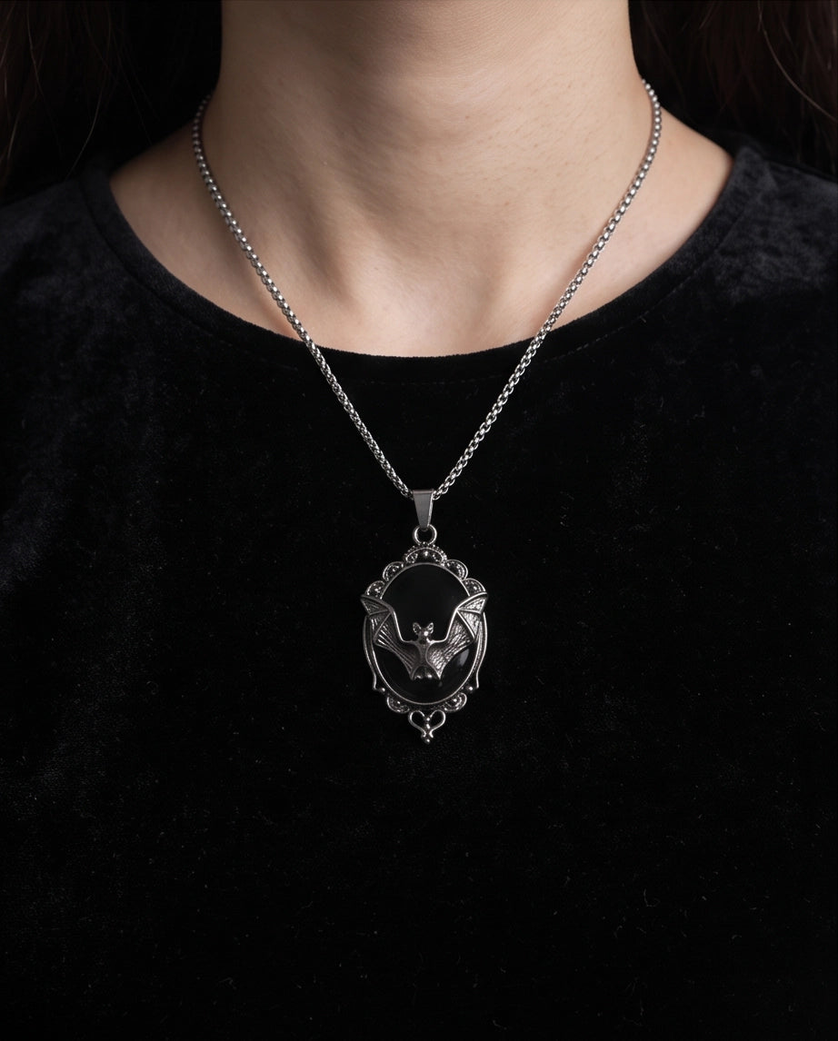 Antique Silver Gothic Bat Black Enamel Medallion Chain Necklace