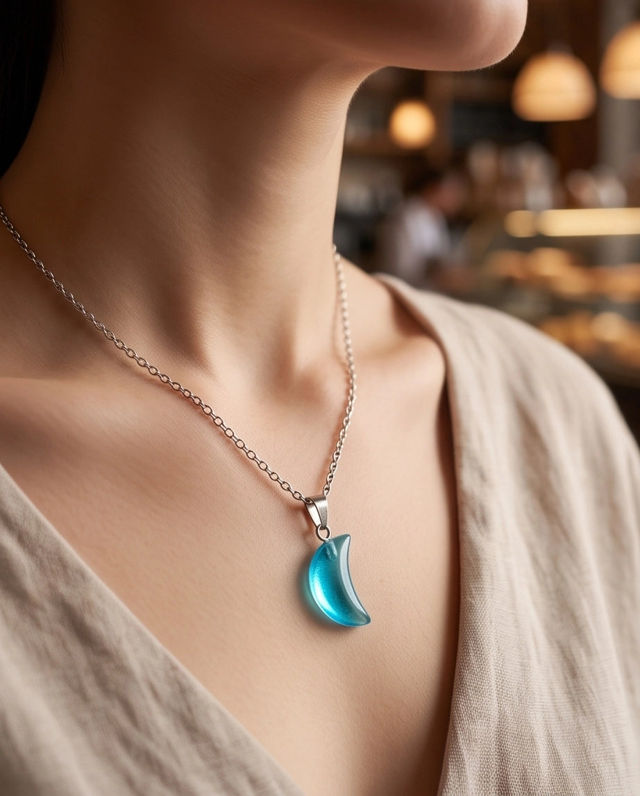 Silver Cyan Crescent Moon Resin Pendant Necklace