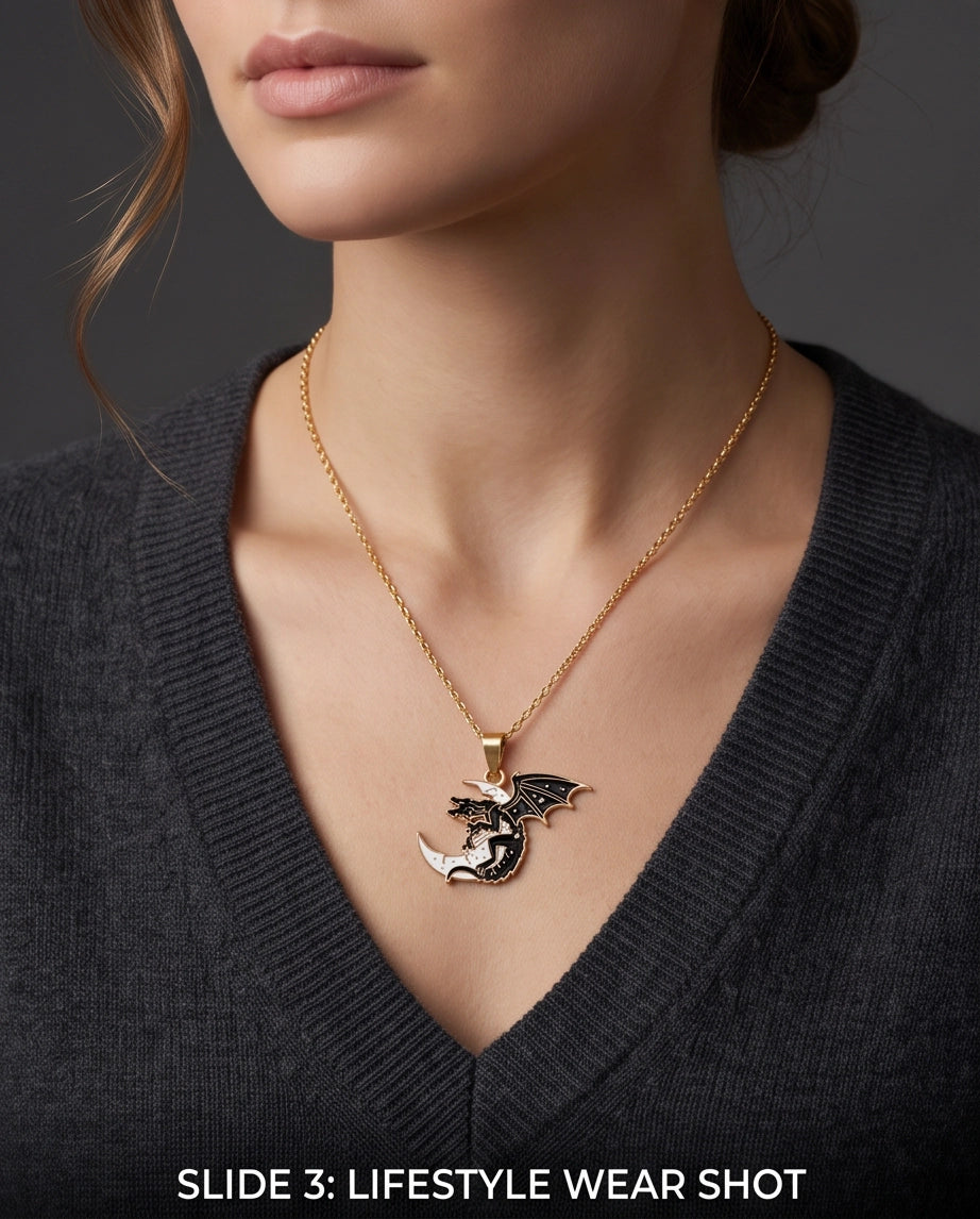 Gold Celestial Dragon White Crescent Moon Enamel Pendant Necklace