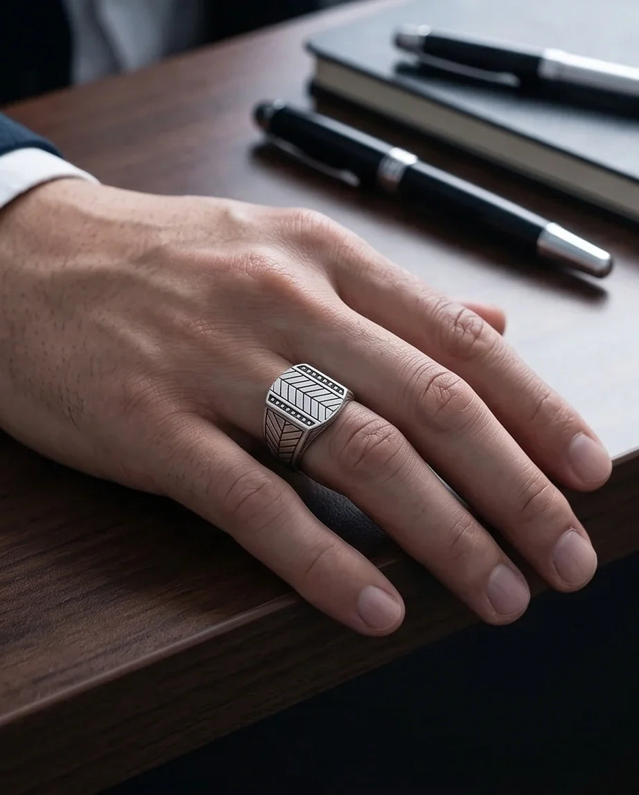 Sterling Silver Chevron Pattern Geometric Signet Ring