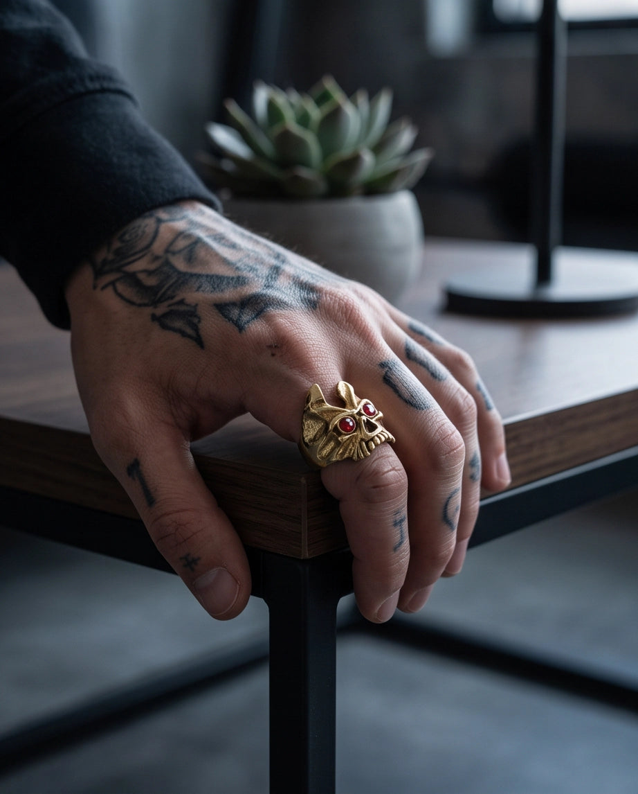 Ruby-Eyed Gothic Horned Skull Gold Ring