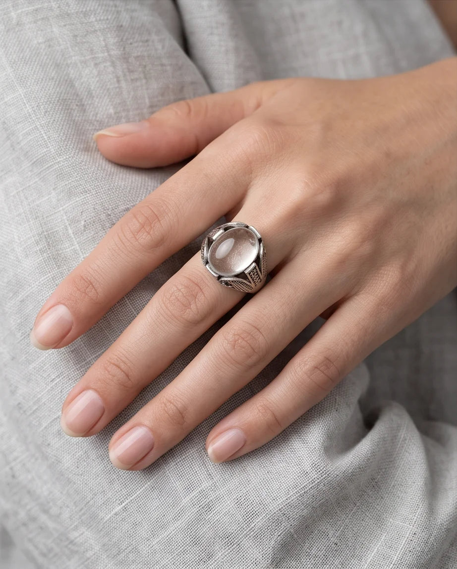 Lunar Cabochon Textured Signet Ring