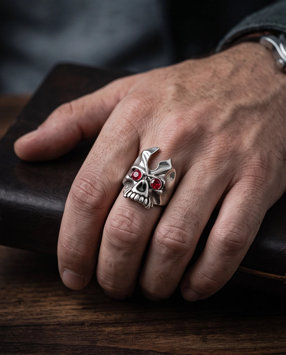 Ruby-Eyed Gothic Horned Skull Silver Ring